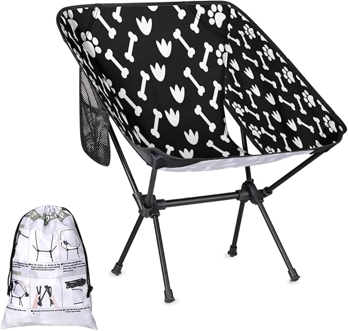 Black White Dog Paw Bone Camping Chair Lightweight Portable Chairs for Adults Easy Installation Outdoor Foldable Camping Chair for Camping Fishing Hiking Picnic Beach