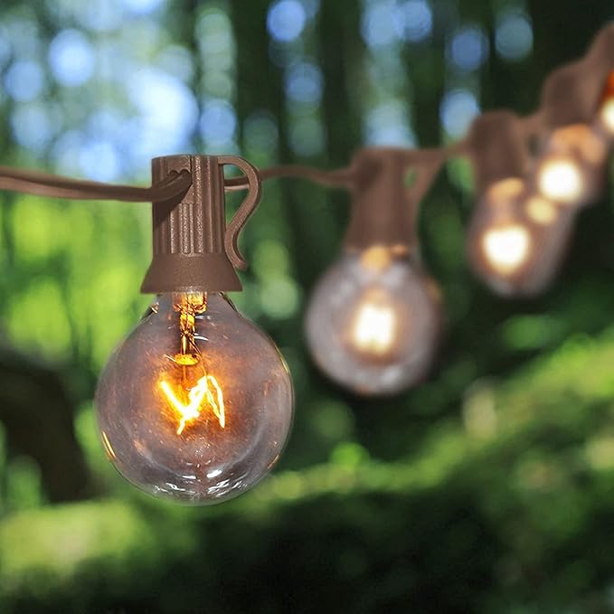 Abeja 25Ft Outdoor Patio String Lights with 27 Clear G40 Bulbs UL Listed for Porch Bars Deck Wedding Party Markets Decor 5W E12 Socket Base Brown