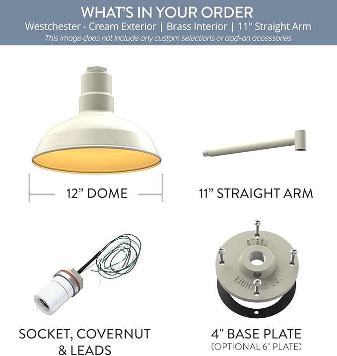 Steel Lighting Co. Westchester Barn Light | Outdoor Wall Mounted | 12 inch Dome | 11 Straight Arm | Warehouse Steel Light Made in America | Cream Exterior/Brass Interior