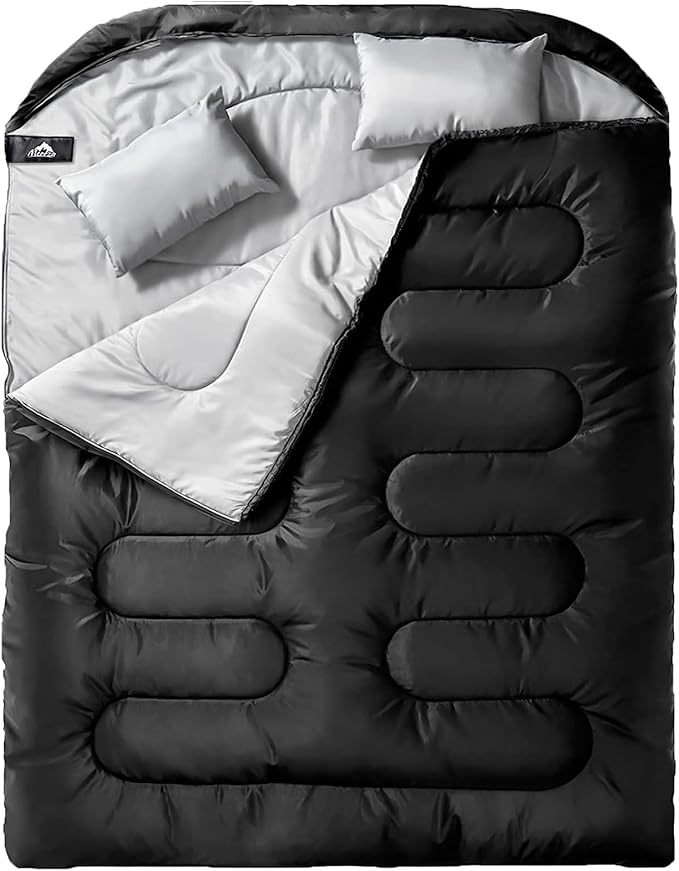 MEREZA Double Sleeping Bag for Adults Mens with Pillow XL Queen Size Two Person Sleeping Bag for All Season Camping Hiking Backpacking 2 Person Sleeping Bags for Cold Weather &amp Warm