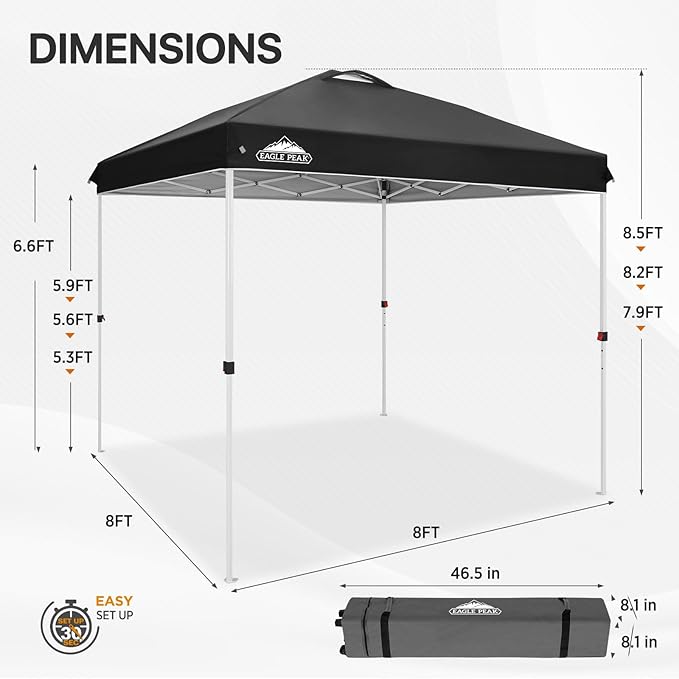 EAGLE PEAK Pop Up Canopy Tent with Wheeled Carry Bag 8 Stakes 4 Ropes Easy Set Up Tent Canopy 8x8 ft Black