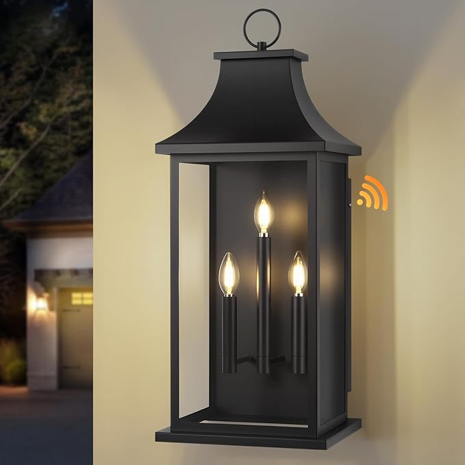 Extra Large Outdoor Wall Lights Dusk to Dawn Sensor Outside Lights Exterior Lighting Fixtures Wall Mount Wall Sconce Light Outdoor Lanterns for Porch Black 28 3-Light 1-Pack