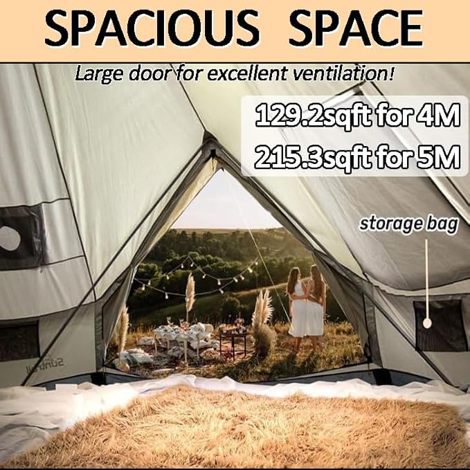 Backpacking Bell Tent with Top Stove Jack for All Year Camping 300D Oxford Waterproof Yurt Tents for GlampingPartiesOutdoor Events(Off White13ft/16.4ft)