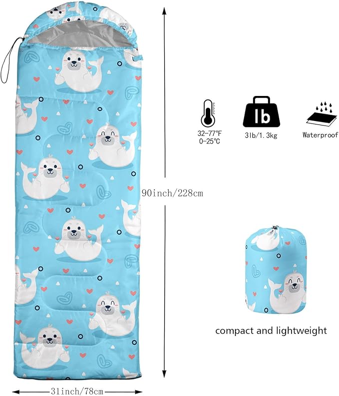 Kids Sleeping Bag for Boys GirlsCute Puppy Print-Lightweight Warm Portable Outdoor Indoor-Waterproof Cold Weather Resistant Sleeping Bag for Camping Hiking