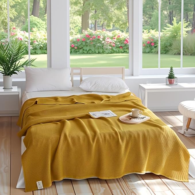 Bnitoam 100% Cotton Waffle Weave Blanket for Bed Couch Sofa 80x92 Soft Breathable Cooling Cellular Blanket for Adult Lightweight All Season Machine Washable Yellow (Yellow 80x92)