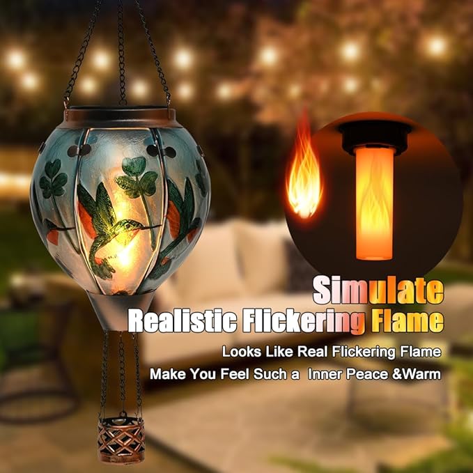 Hot Air Balloon Solar Lantern - Hummingbird Glass Lantern Simulated Flickering &amp Dancing Flame Outdoor Hanging Shamrock Yard Light Waterproof IP65 for Patio Lawn Porch Decor Irish Gift
