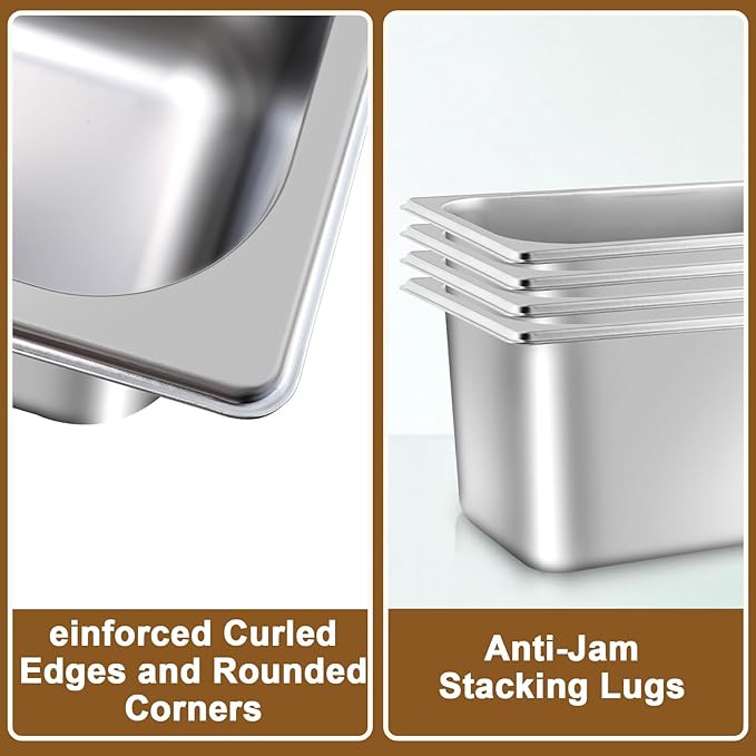 4 Pack Hotel Pans with lids 1/3 Size x 6 Inch Deep Steam Table Pan Reusable Anti Rust Catering Storage Food Pan Stainless Steel Steam Table Pans for Home Party Hotel Restaurant Buffet