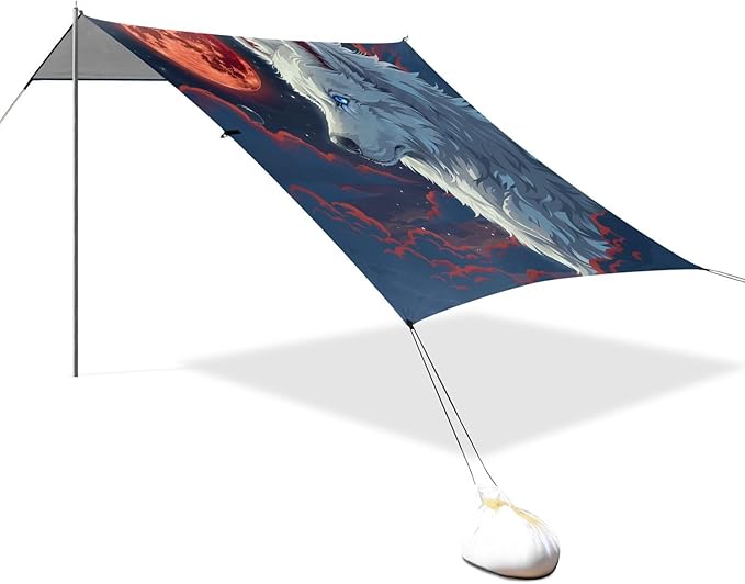ALAZA Wolf Red Moon Starry Sky Beach Tent Sun Shelter UPF50+ Protection Beach Shade Canopy w/ 4 Sandbags for Outdoor Camping Fishing Backyard Fun Picnic 10x9 ft
