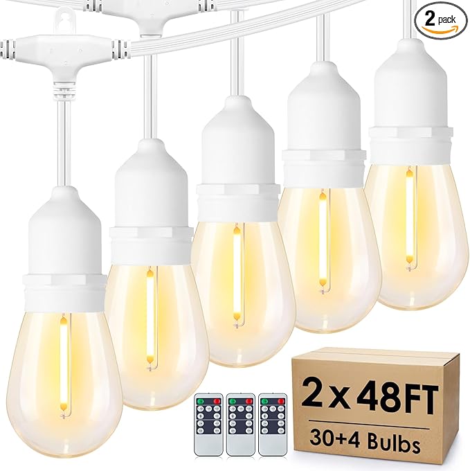 96FT(2 * 48FT) Outdoor String Lights with Remote Dimmable Patio Lights with 30+4 3 Modes 4 Timers LED Bulbs for Deck Gazebo White 2 Pack