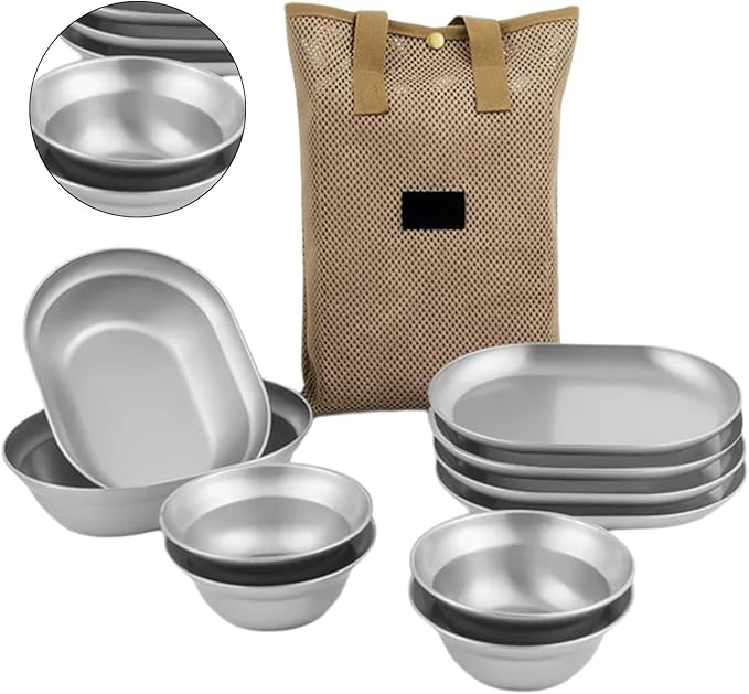 TablewareSet of 6/8/10 Outdoor Camping Dish Set Dinner Plate Stainlesss Steel Food Plates Practical Picnics Dishes