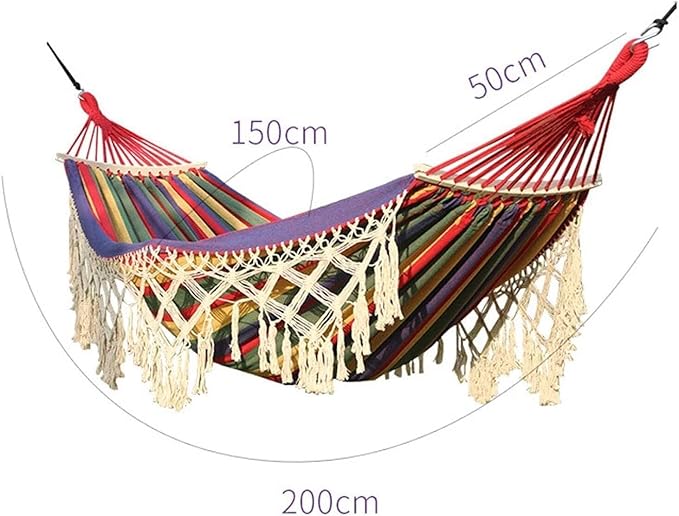 Deluxe Boho Hammock Swing with Spreader Bar – Thickened Canvas Fringed Portable for Indoor Porch Backyard Hiking and Travel – 441 lbs Capacity