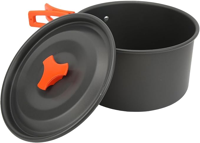 Camping Cookware Mess Kit Portable Set Hard Oxidized Aluminum Lightweight Black - Non Stick Surface Folding Utensils Ideal for Backpacking and Outdoor Cooking