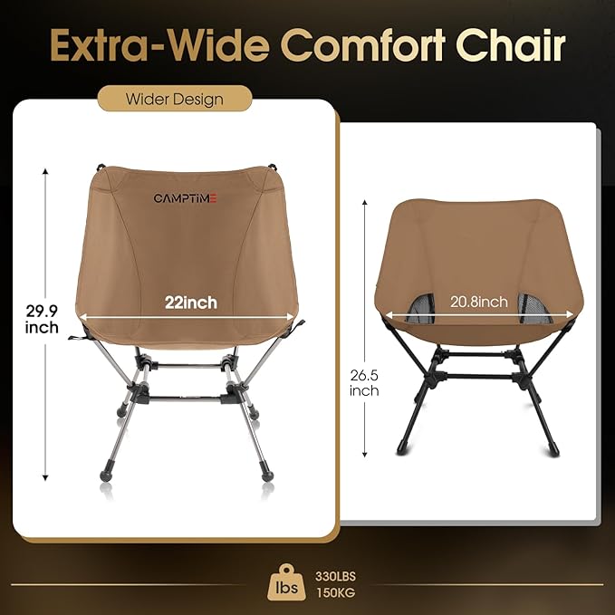 Portable Camping Chair Plus Larger &amp Roomier Compact and Lightweight Folding Chair for Backpacking &amp Hiking 330Lbs Capacity Khaki