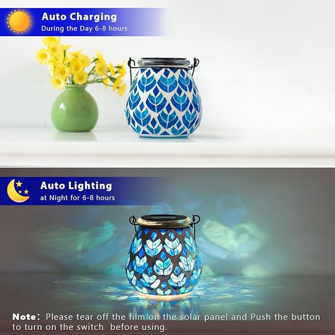 Stargarden 4 Pack Mosaic Solar Lanterns Blue Glass Hanging Lantern Waterproof Outdoor Hanging Solar Lights Table Lamp for Garden PatioYard Decor