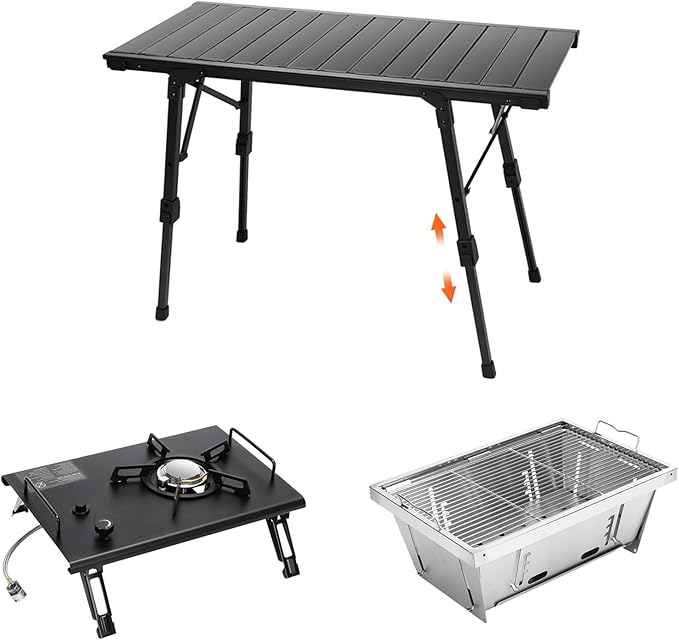 Folding Camping Table + Camping Stoves + Charcoal Grill Outdoor IGT Cook System with Carry Bag IGT Table for BBQ Beach Backyard