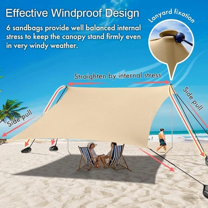 Beach Canopy Windproof Design Sun Shelter UPF50+ Portable Family Tent with 6 Sandbags Anchors 10x10 FT 2 Pole Pop Up Outdoor Shelter for Beach Camping Fishing Backyard