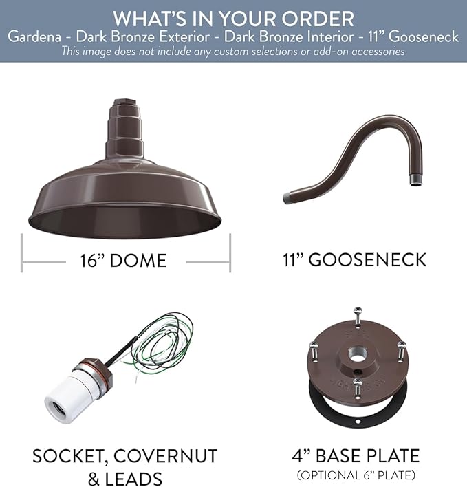 Steel Lighting Co. Gardena Barn Light | Outdoor Wall Mounted | 16 Dome | 11 Gooseneck | Farmhouse Light Made in America | Dark Bronze Exterior/Dark Bronze Interior