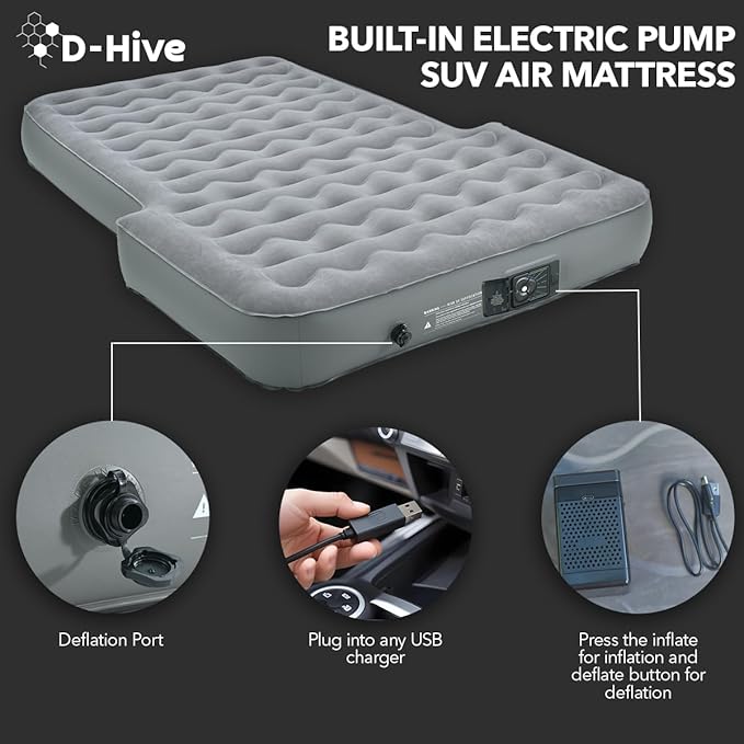 D-Hive SUV Air Mattress Ultra-Thick Material Extra-High Car Air Mattress SUV Mattress for Toyota 4runner Car Mattress w/Built-in Pump Inflatable Car Air Mattress Grey