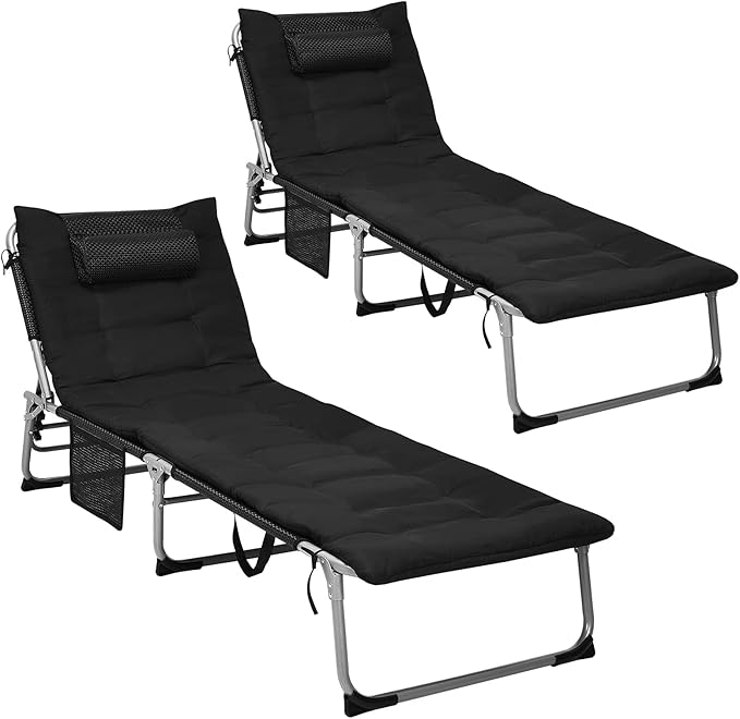GYMAX Camping Cot 27” Lounge Chair Outdoor w/Mattress Headrest Side Pocket &amp Carry Strap 3 in 1 Folding Layout Tanning Lounger Portable Sleeping Bed for Adults Lawn Beach (2 Black)