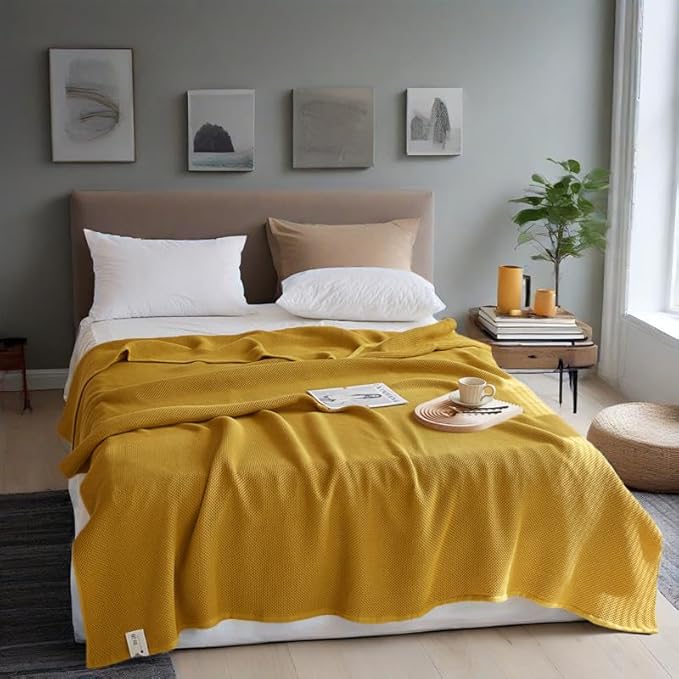 Bnitoam 100% Cotton Waffle Weave Blanket for Bed Couch Sofa 80x92 Soft Breathable Cooling Cellular Blanket for Adult Lightweight All Season Machine Washable Yellow (Yellow 80x92)