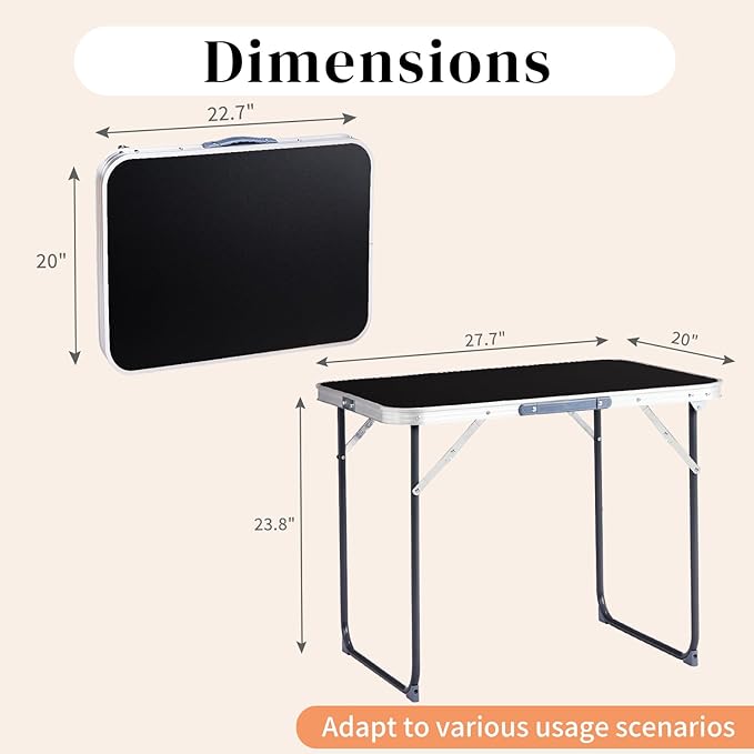 Portable Camping Table with Carrying HandleOutdoor Folding TableFolding Dining Tablefor Camping and Party (Black 2.3ft)