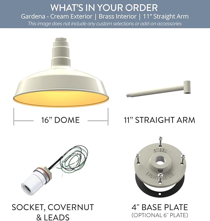 Steel Lighting Co. | Dusk to Dawn | Gardena Barn Light | Outdoor Wall Mounted | 16 Dome | 11 Straight Arm | Farmhouse Light Made in America | Cream/Brass