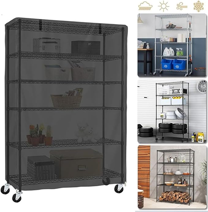 Storage Shelf Cover with See-Through Mesh PVC Panel Water Resistant Outdoor Rack Protector with 3-Way Zippers and Wind Strips for Garage Shed Truck Fits 36L x 18W x 72H Racks Black