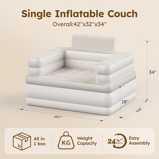 Mr.Young Inflatable Couch for Camping and Home and Outdoor | Blow Up Couch | Air Sofa | Velvety Surface | Included Air Pump Fast &amp Easy Inflation/Deflation | 42x33x34 | Single