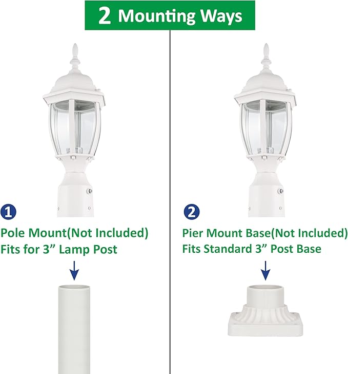 LIT-PaTH Dusk to Dawn Outdoor Post Lighting Fixture Pole Lantern E26 Medium Base Max 60W Aluminum Housing Plus Glass Bulb Not Included (White 1-Pack)