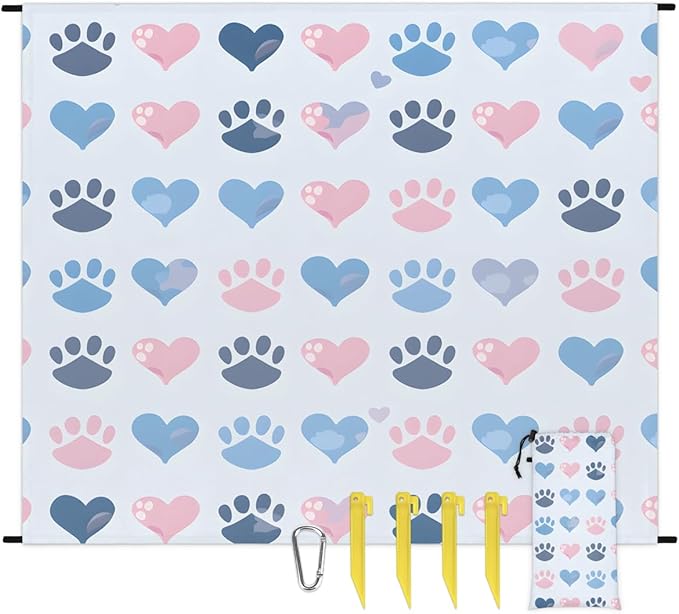 Waterproof Sandproof Beach Blanket 59''×68'' Heartwarming Footprints Polyester Outdoor Picnic Blanket with 4 Stakes &amp Storage Bag for BeachCampingVacation Blue