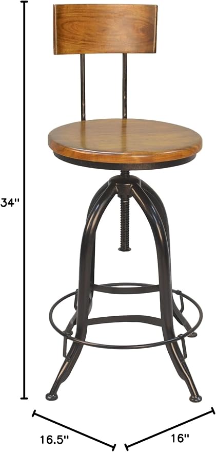 Carolina Chair &amp Table Ryder Adjustable Round Bar Stool - Powder Coated Metal Frame Solid Wood Seat Swivel Stool - Rustic Furniture for Counter Dining Room Kitchen (Chestnut/Black Curved Back)