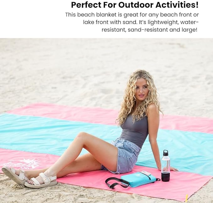 XL Beach Blanket Sandproof Waterproof for 4-6 Adults - 10ft x 9ft Beach Mat with Zippered Pocket 4 Stakes &amp Storage Bag | Lightweight 1.4 lbs Quick-Dry Blanket for Beach Camping &amp Picnic