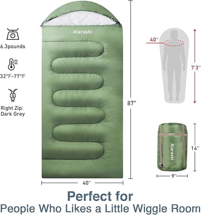 Atarashi Camping Sleeping Bag- 4 Seasons for Adults Light Warm Extra-Large with Compression Sack- Great for Hiking Backpacking &amp Outdoor Adventures