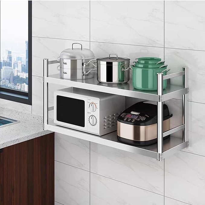Stainless Steel 2 Tier Shelves with Guardrail for Kitchen Pantry Multi Purpose Organizer Shelf Wall Mounted Heavy Duty Storage Rack for Kitchen Appliances(70x35x75cm)