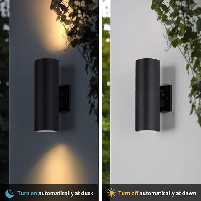 mirrea Modern Outdoor Porch Light Patio Light in 2 Lights Dusk to Dawn Photocell Sensor with Matte Black Aluminum Cylinder and Tempered Glass Cover Waterproof Wall Sconce
