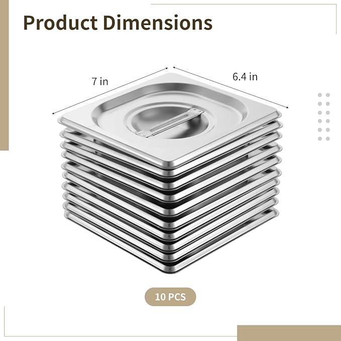 1/6 Steam Table Pan Lids 10 Pcs Stainless Steel Cover Handle Dustproof for Restaurants Hotels Catering