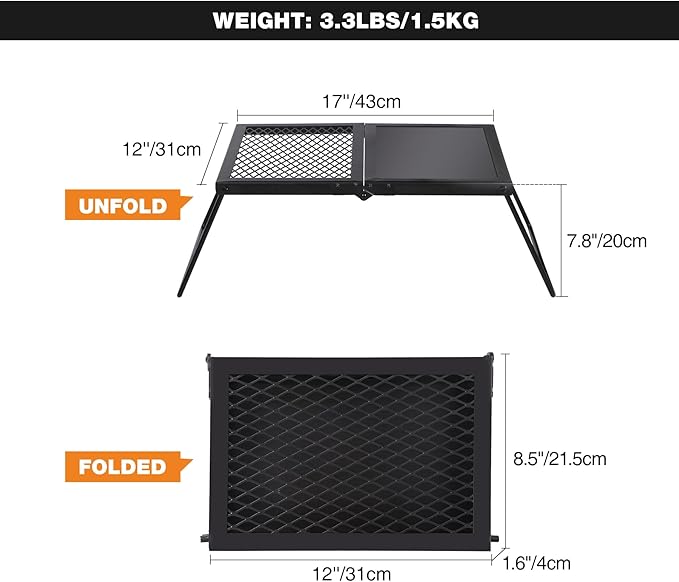 REDCAMP Folding Campfire Grill Heavy Duty Steel Grate Portable Camp Fire Cooking Racks and Griddle for Outdoor Versatile Campfire Cooking