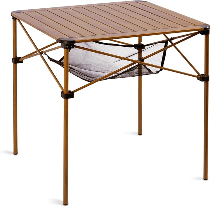 iClimb Lightweight Stable Alu. Folding Square Table Roll Up Top with Carry Bag for Camping Picnic Backyards BBQ Camp Kitchen (Nature L)