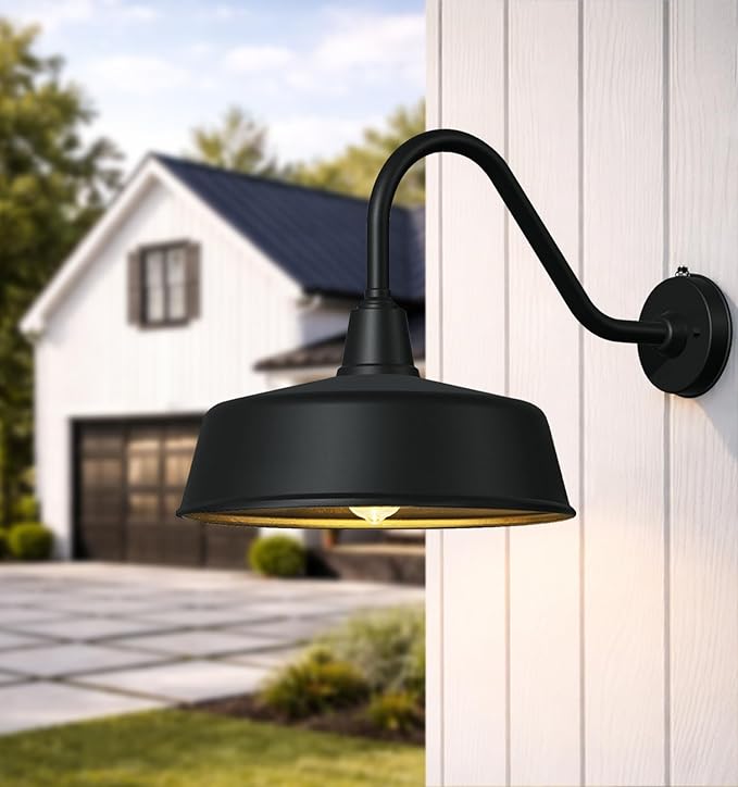 12.6 Inch Large Outdoor Gooseneck Barn Lights from Dusk to Dawn Classic Black Farmhouse Lights Waterproof and Rustproof Porch Lights for House Garden Garage Patio.