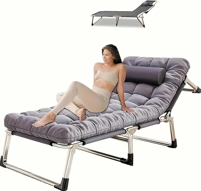 Leo IRis Portable Folding Camping Cot Oversize Adjustable 5-Position Adults Reclining Lounge Chairs with Pillow Heavy Duty Oxford Cloth 600D with Mattress (Gray - Upgrade Bed (with Mat))