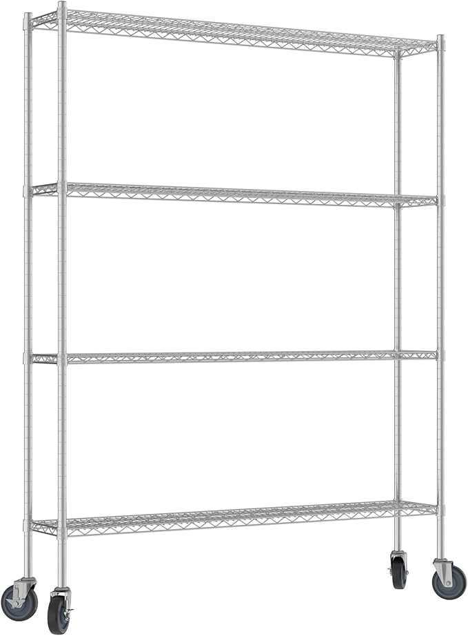 Commercial NSF Listed Chrome Mobile Wire Shelving Kit 12 x 60 x 80 with 4 Shelves Perfect for Warehouse Walk-in Refrigerator Freezer Grocery Store Restaurant Dishroom