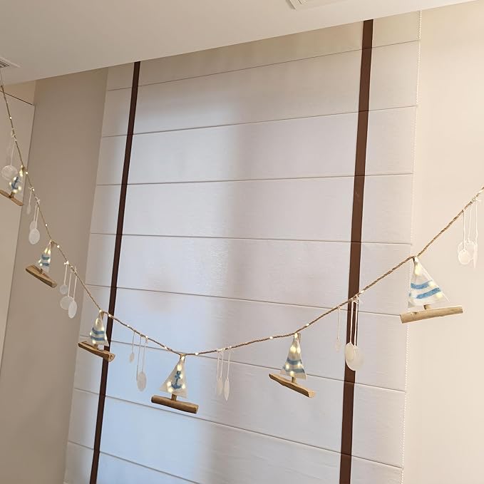 Nautical Decor Sailboat Ocean Light with Capiz Wind Chimes - 6.5FT 70LED Beach Garland with Lights Battery Operated with Remote for Coastal Room Beach Decor