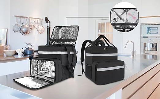 Taygeer Food Delivery Backpack Expandable Insulated Food Delivery Bag for Grocery Bike Large Leakproof Waterproof Hot Pizza Bags with 4 Mesh Pockets Reflective Strip for Uber Eat Doordash Black