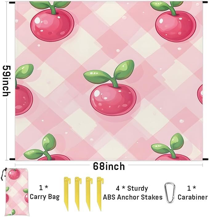 Waterproof Sandproof Beach Blanket 59''×68'' Simulation Cherries Polyester Outdoor Picnic Blanket with 4 Stakes &amp Storage Bag for BeachCampingVacation Pink