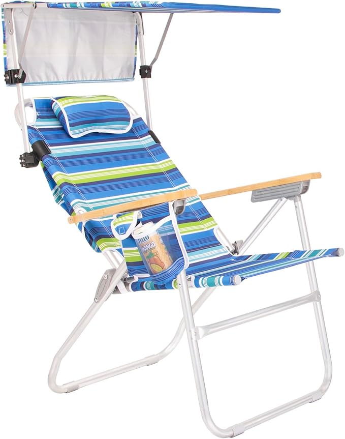 Heavy Duty Tall Beach Chair with Canopy Shade for Adults 17 High Off Ground 4-Position Reclining Insulated Cooler &amp Storage Pouch Bamboo-Finish Arms 300 lb Capacity