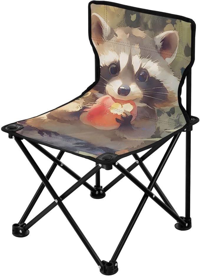 Raccoon Hold Fruit Portable Camping Chairs Folding Chair - Durable Oxford Fabric Lightweight Iron Frame Easy Fold Design - Ideal for Outdoor Activities Camping Fishing and Travel