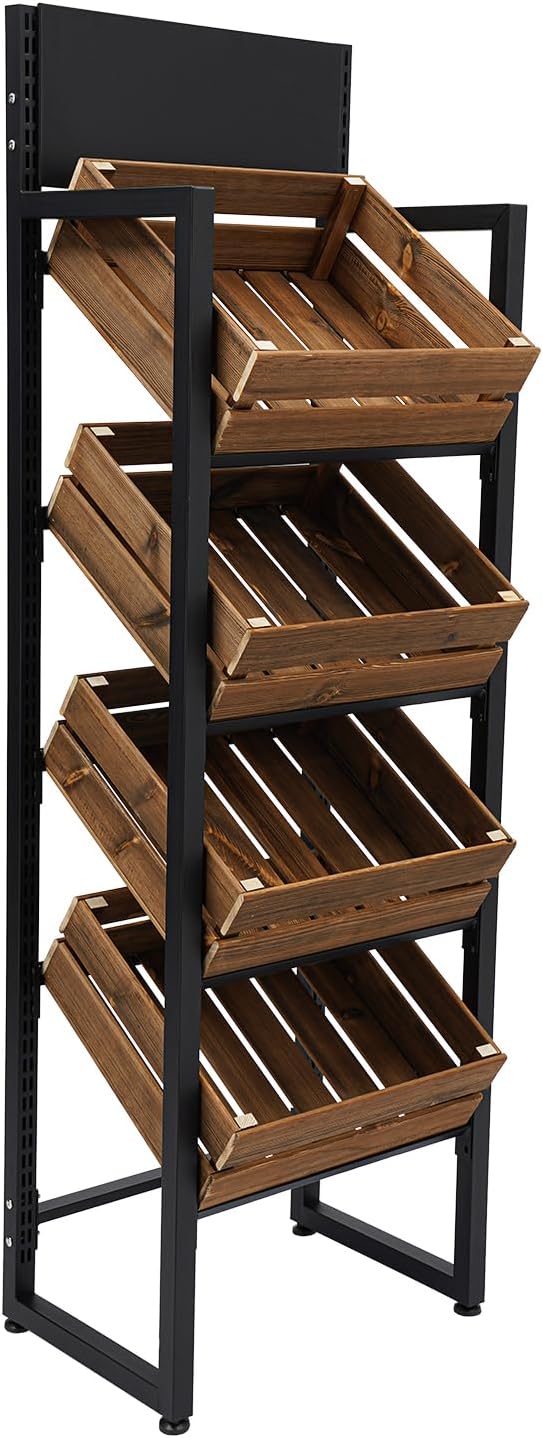 Wood Fruit Basket Stand Vegetable Storage Rack 4-Tier Narrow Snack Rack Stand Farmers Market Stand Retail Store Display Shelves for Kitchen Store Supermarket (Rustic Brown+Black)