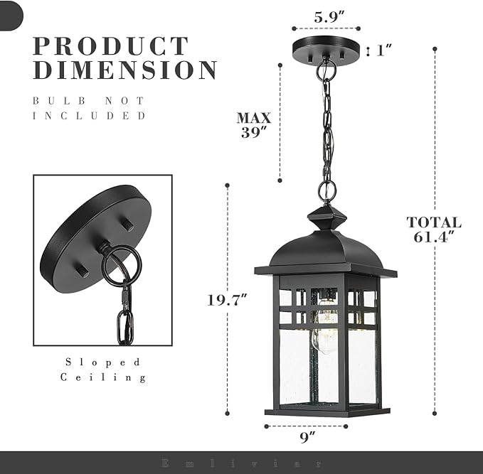 Emliviar 20 Farmhouse Outdoor Pendant Light Large Outdoor Hanging Light for Porch Gazebo Black Finish Aluminum with Seeded Glass Shade DE279H-M BK