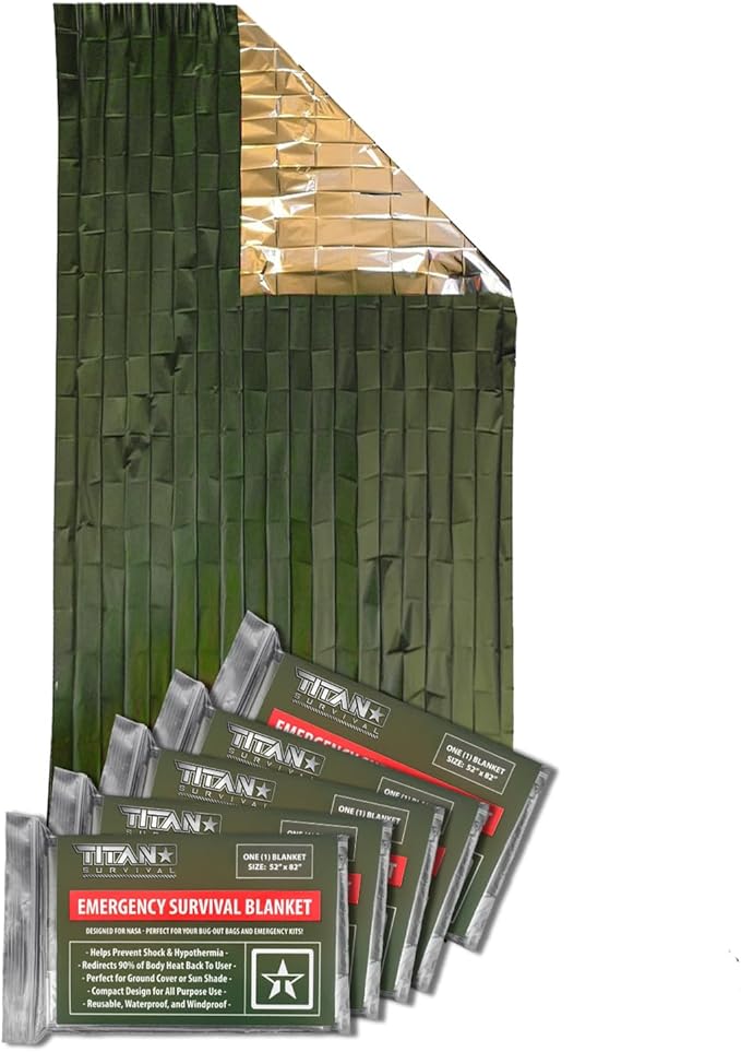 TITAN Survival Premium Mylar Survival Blankets (5 Pack) Thermal Emergency Survival Blanket for Camping Hunting Hiking - 90% Heat Retention &amp Waterproof - Portable Space Blanket w/Size Options