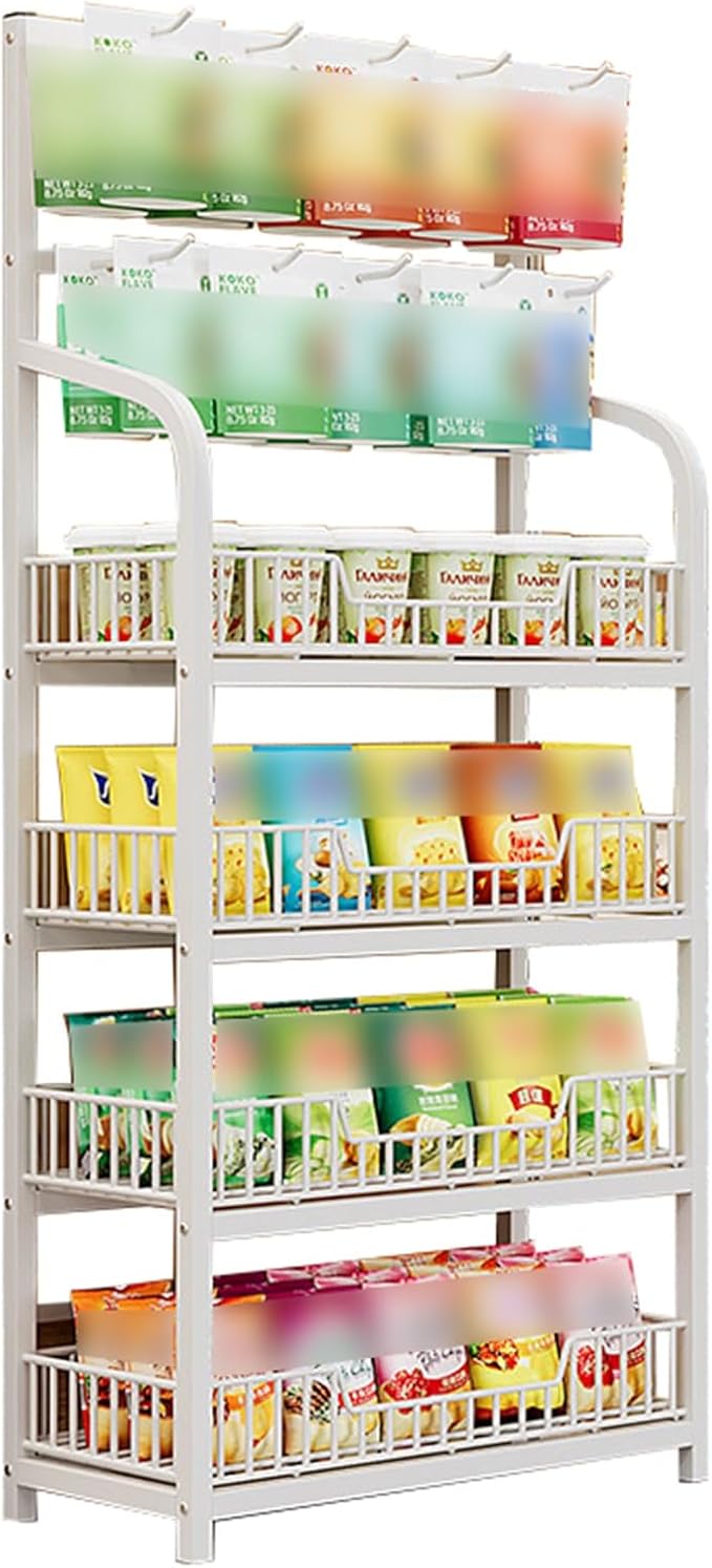 5-Tier Black Floor Standing Display Rack with Hooks Potato Chip Shelf Organizer for Kitchen &amp Commercial Use Ideal for Break Rooms &amp Pantries (Size: 60x27cm)